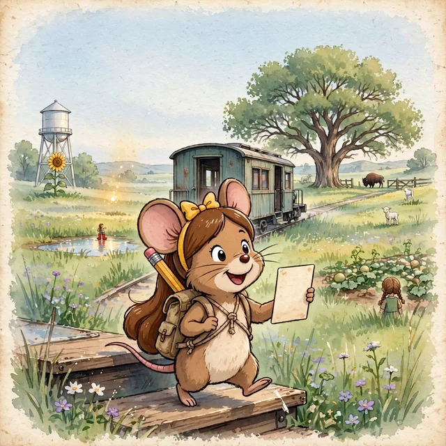 Cover of Mabel and Friends Book 1: Mabel Says Hello — Mabel the field mouse arriving in Prairie Junction